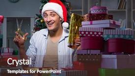  Presentation with gifts - Colorful slide deck enhanced with giftwrap - man with many christmas gifts backdrop and a  colored foreground