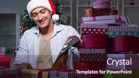  Presentation with gifts - Cool new theme with giftwrap - man with many christmas gifts backdrop and a  colored foreground