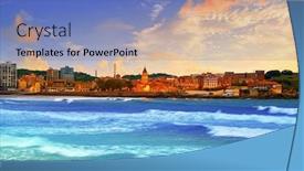  Presentation with sunset beach - Cool new PPT layouts with gijon-skyline-sunset-in-san backdrop and a teal colored foreground