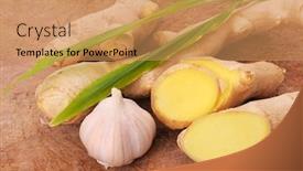  Presentation with garlic - Presentation having ginger and garlic on chopping background and a coral colored foreground