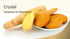  Presentation with root - Beautiful presentation featuring ginger cookies with fresh ginger root isolated on white backdrop and a blonde colored foreground