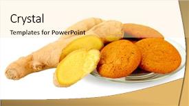  Presentation with root - Presentation theme having ginger cookies with fresh ginger root isolated on white background and a blonde colored foreground