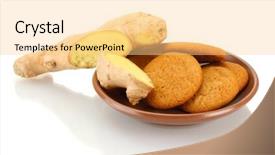  Presentation with root - Slide deck consisting of ginger cookies with fresh ginger root isolated on white background and a blonde colored foreground