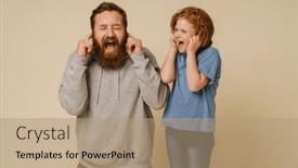  Presentation with ears - Presentation theme with ginger-father-and-son-casually background and a coral colored foreground