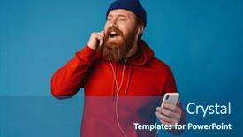  Presentation with blue music - PPT layouts with ginger-man-wearing-blue-hat background and a ocean colored foreground