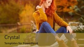  Presentation with clothing wooden clothes hanger object - Colorful PPT theme enhanced with ginger woman in autum clothes backdrop and a  colored foreground