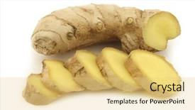  Presentation with ginger - Cool new PPT theme with ginger zingiber officinale and some cut slices on a white background backdrop and a yellow colored foreground