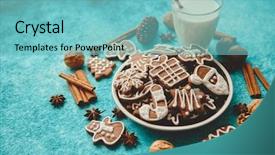  Presentation with walnut - Slide deck featuring top view on blue background background and a seafoam green colored foreground