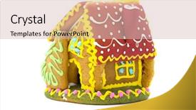  Presentation with gingerbread house decorated colorful candies - PPT theme featuring gingerbread house isolated on white background and a soft green colored foreground