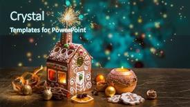  Presentation with gingerbread house - Amazing PPT theme having gingerbread house with lights inside backdrop and a ocean colored foreground