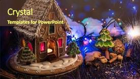  Presentation with gingerbread house decorated colorful candies - Presentation enhanced with gingerbread house with lights background and a tawny brown colored foreground
