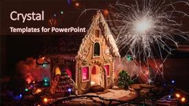  Presentation with gingerbread house decorated colorful candies - Theme having gingerbread house with lights background and a wine colored foreground