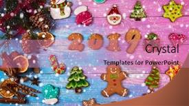  Presentation with new year 2019 - Audience pleasing PPT theme consisting of gingerbreads for new 2019 year backdrop and a coral colored foreground