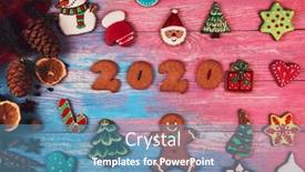  Presentation with new year 2020 - Amazing slide set having gingerbreads for new 2020 year on wooden background xmas theme backdrop and a teal colored foreground