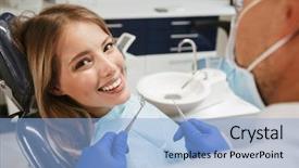  Presentation with teeth - Beautiful presentation design featuring gingival - image of european young woman backdrop and a light blue colored foreground