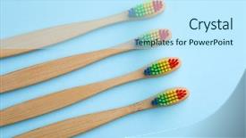  Presentation with abstract rainbow color prism - Presentation design featuring gingival health - picture of four toothbrushes background and a sky blue colored foreground
