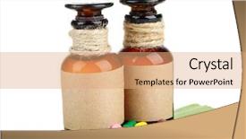  Presentation with ginkgo - Presentation design consisting of ginkgo biloba leaves and medicine bottles with pills isolated on white background and a coral colored foreground