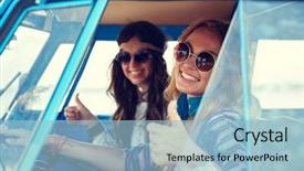  Presentation with women driving - Slide deck having gipsy children - summer holidays road trip vacation background and a light blue colored foreground