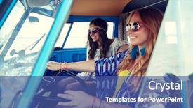  Presentation with women driving - PPT layouts with gipsy children - summer holidays road trip vacation background and a ocean colored foreground