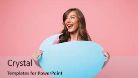  Presentation with banner blue - Beautiful presentation design featuring girl 20s holding blank blue backdrop and a light blue colored foreground