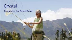  Presentation with net - Beautiful presentation theme featuring girl 7-9 standing in field holding butterfly net low angle view backdrop and a light blue colored foreground