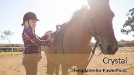  Presentation with ranch - Amazing slide set having girl adjusting saddle on horse backdrop and a coral colored foreground