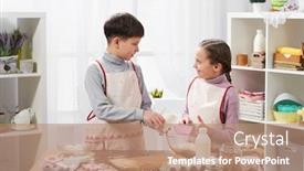  Presentation with baking - PPT theme consisting of girl and boy cooking in home kitchen make the dough for baking healthy food concept background and a coral colored foreground