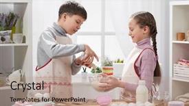  Presentation with cooking kids - Beautiful PPT theme featuring girl and boy cooking backdrop and a coral colored foreground