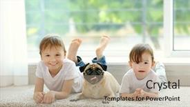  Presentation with cute christmas pug puppy dog - PPT theme having girl and boy with pug background and a coral colored foreground