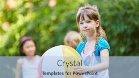  Presentation with play - PPT theme with girl and friends play in kindergarten with colorful ball background and a light blue colored foreground