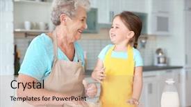  Presentation with cooking equipment kitchen utensils - PPT theme with girl and her grandmother cooking background and a coral colored foreground