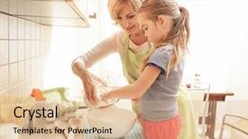  Presentation with cooking equipment kitchen utensils - Colorful slide deck enhanced with girl and her grandmother cooking backdrop and a coral colored foreground