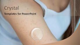  Presentation with substance - PPT theme with girl-applies-a-microneedle-patch background and a coral colored foreground