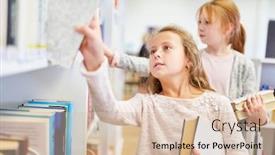  Presentation with library research - PPT theme having girl-as-a-student-doing background and a lemonade colored foreground