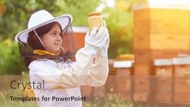  Presentation with blonde holding magnifying glass - Presentation theme enhanced with girl-as-beekeeper-holding-glass background and a coral colored foreground