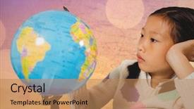  Presentation with digital globe on forex - Audience pleasing slides consisting of girl at desk with globe backdrop and a coral colored foreground