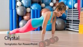  Presentation with strength - Presentation theme featuring girl at gym push-up strength pushup exercise with dumbbells workout background and a coral colored foreground