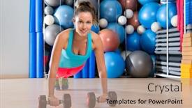  Presentation with strength - Theme consisting of girl at gym push-up strength pushup exercise with dumbbells workout background and a coral colored foreground