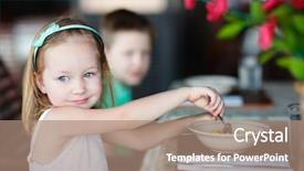  Presentation with restaurant - Audience pleasing slide deck consisting of girl at restaurant having breakfast backdrop and a coral colored foreground