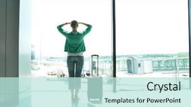  Presentation with airport ground handling - PPT theme consisting of girl at the airport window background and a sky blue colored foreground