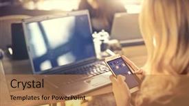  Presentation with bar - PPT theme with girl back writes with smartphone background and a  colored foreground