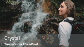  Presentation with waterfall woman - Amazing PPT theme having girl-backpacker-look-at-jungle backdrop and a gray colored foreground