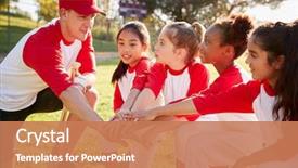  Presentation with team hands - Presentation theme with girl baseball team kneeling background and a coral colored foreground