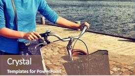  Presentation with cheerful stylish city girl using - Colorful theme enhanced with girl biking with bicycle walking backdrop and a coral colored foreground