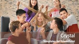  Presentation with teenagers - Beautiful PPT theme featuring girl boy - group of cool teenagers having backdrop and a tawny brown colored foreground