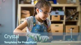  Presentation with building - Presentation design consisting of girl building birdhouse in garage background and a ocean colored foreground