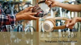  Presentation with music headphones - PPT layouts consisting of girl-buying-headphones-in-audio background and a coral colored foreground