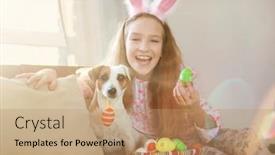  Presentation with happy holiday - PPT theme enhanced with girl-celebrates-the-easter-holiday background and a coral colored foreground