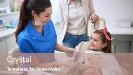  Presentation with dental child - Amazing PPT theme having girl-child-and-smiling-dentist backdrop and a coral colored foreground
