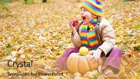  Presentation with child eat - Beautiful theme featuring girl child in autumn forest sit on yellow leaves eat apple and pumpkin backdrop and a yellow colored foreground